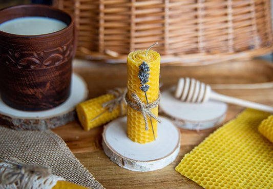 Hand-rolled pure beeswax candle. Handmade with lavender flower. Unscented